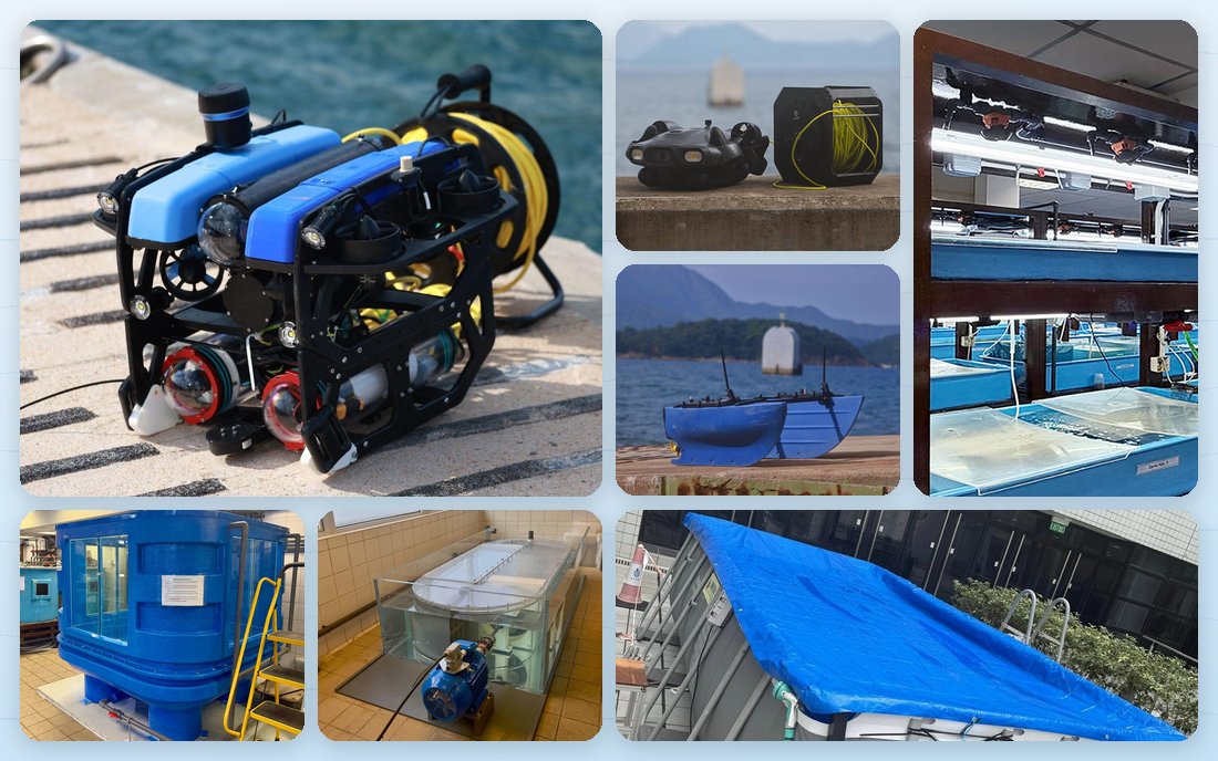 Mosaic of facilities: BlueROV2 Heavy on a pier, FIFISH E-GO drone, BlueBoat, the aquarium, the seawater tank, the flume tank and the test pool